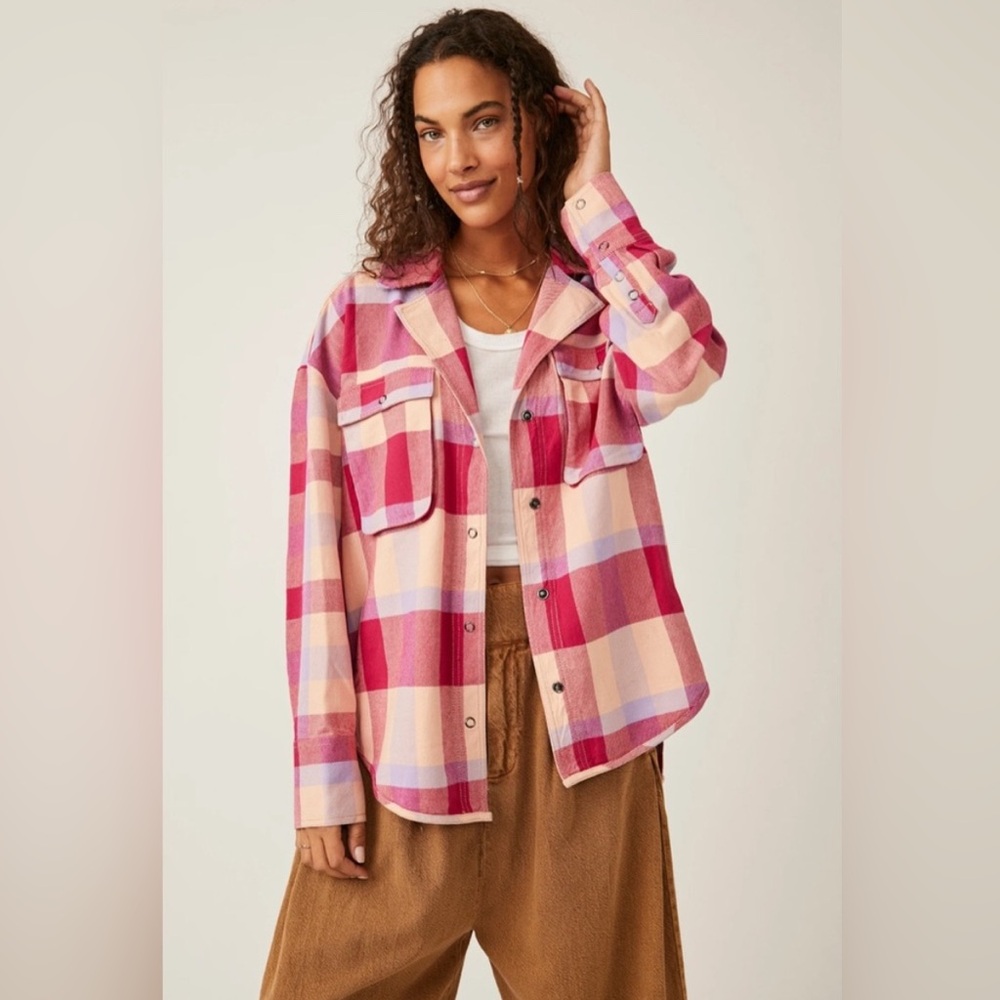 We The Free Izzy Plaid Flannel | Size Medium | Free People Pink/Red Plaid Jacket
